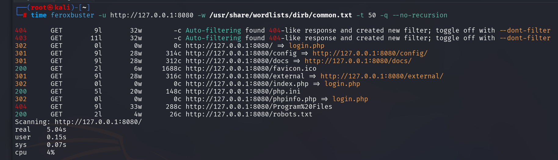 Feroxbuster timed scan output