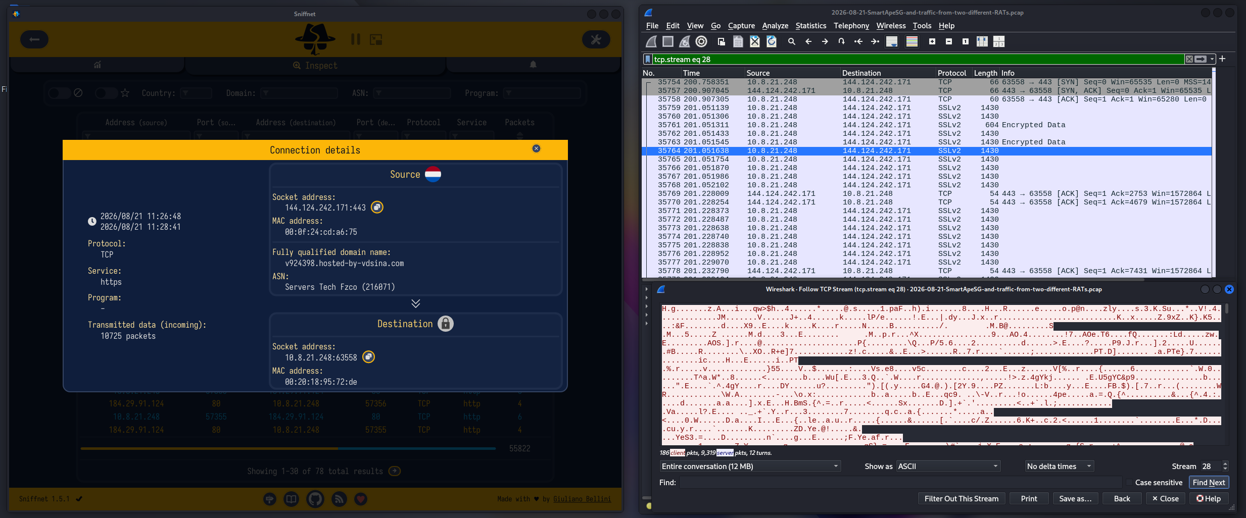 Wireshark Follow TCP Stream — RAT C2 encrypted payload