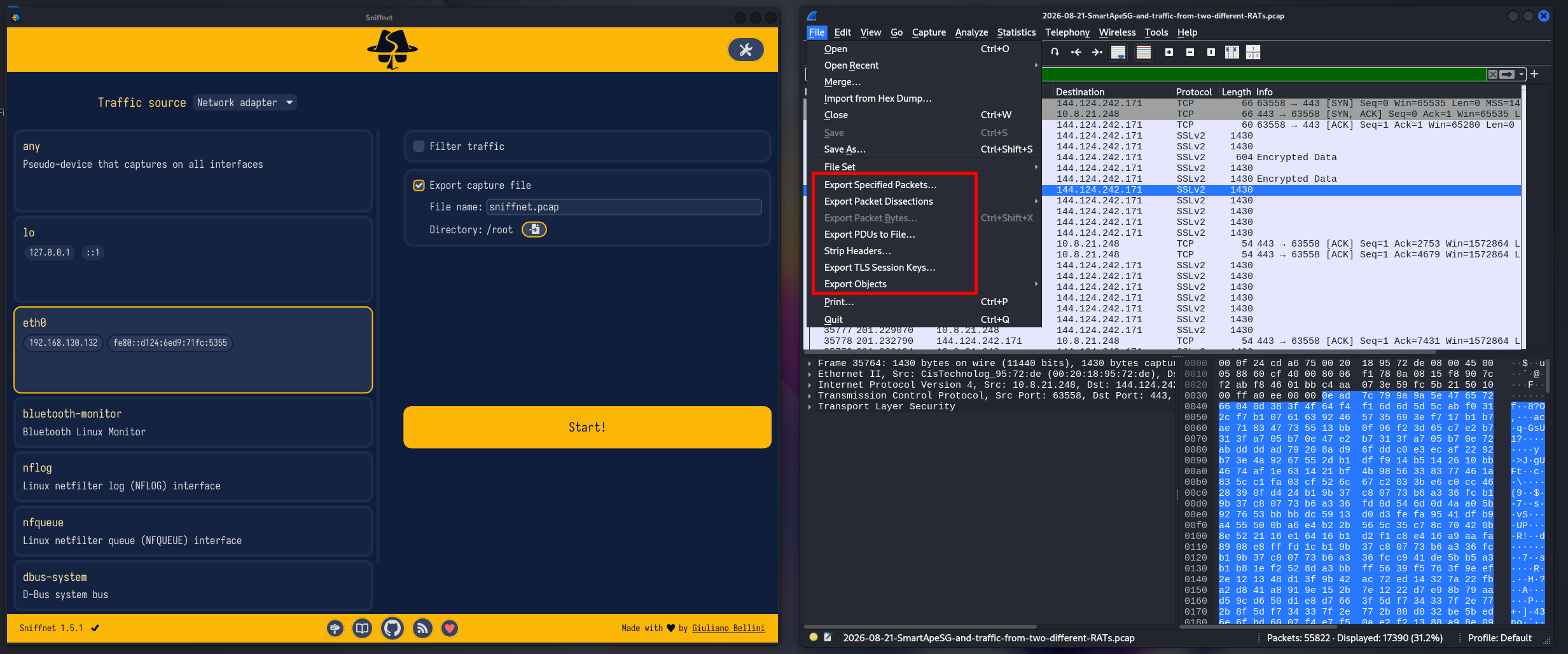 Sniffnet PCAP export option