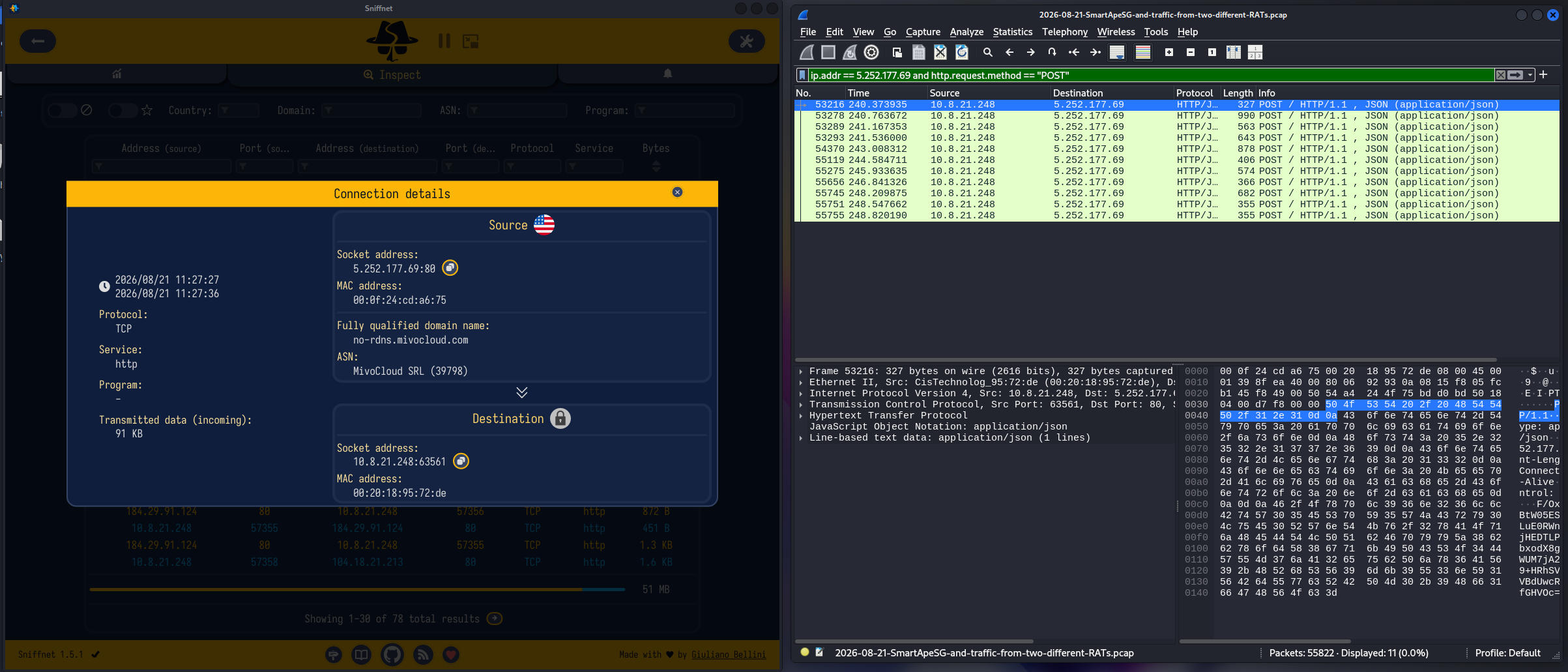 Sniffnet and Wireshark filtering by IP and HTTP POST