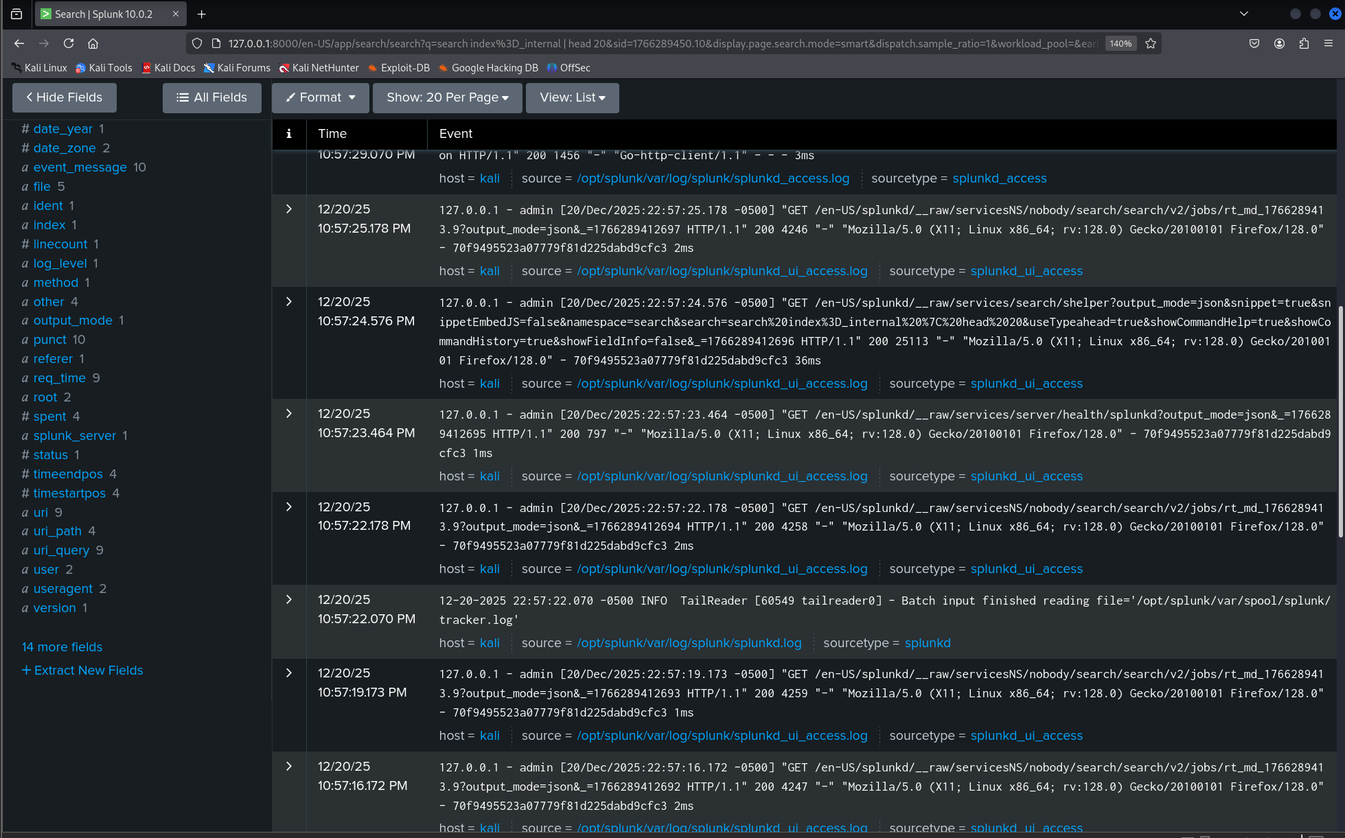 SPL search results for index=_internal (p2)