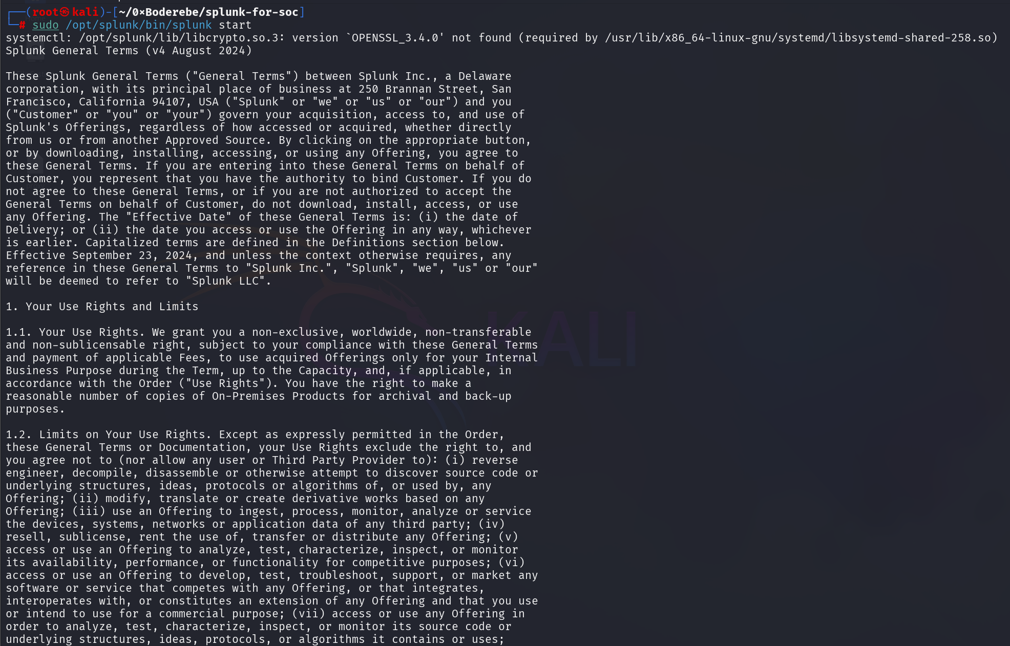 Splunk license acceptance and first startup (p1)