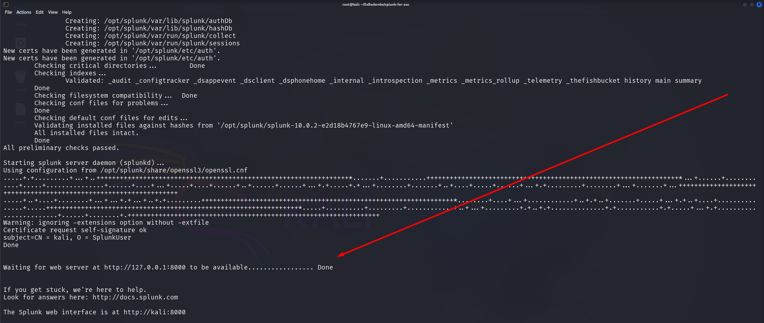 Splunk license acceptance and first startup (p3)