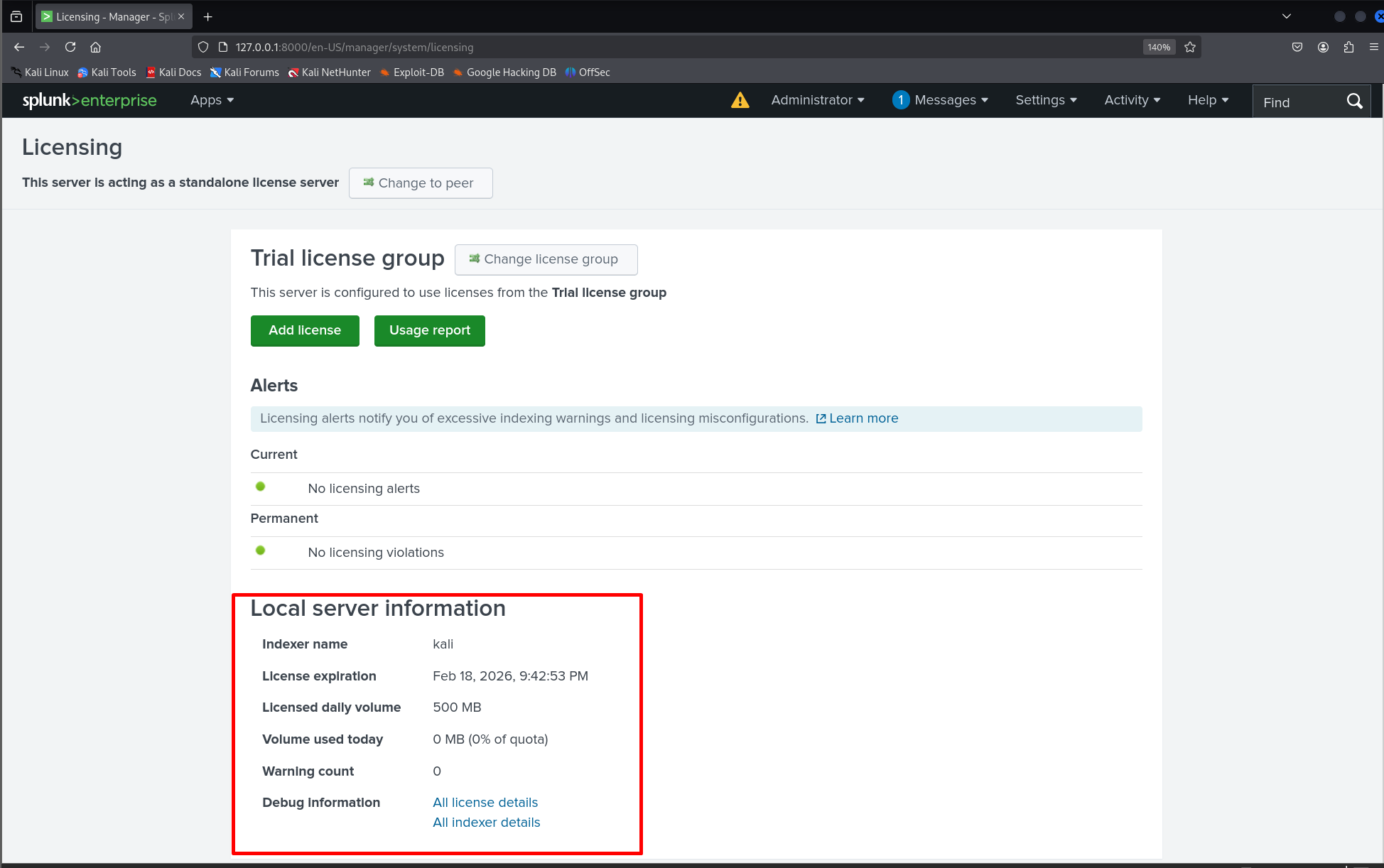 Splunk license status page
